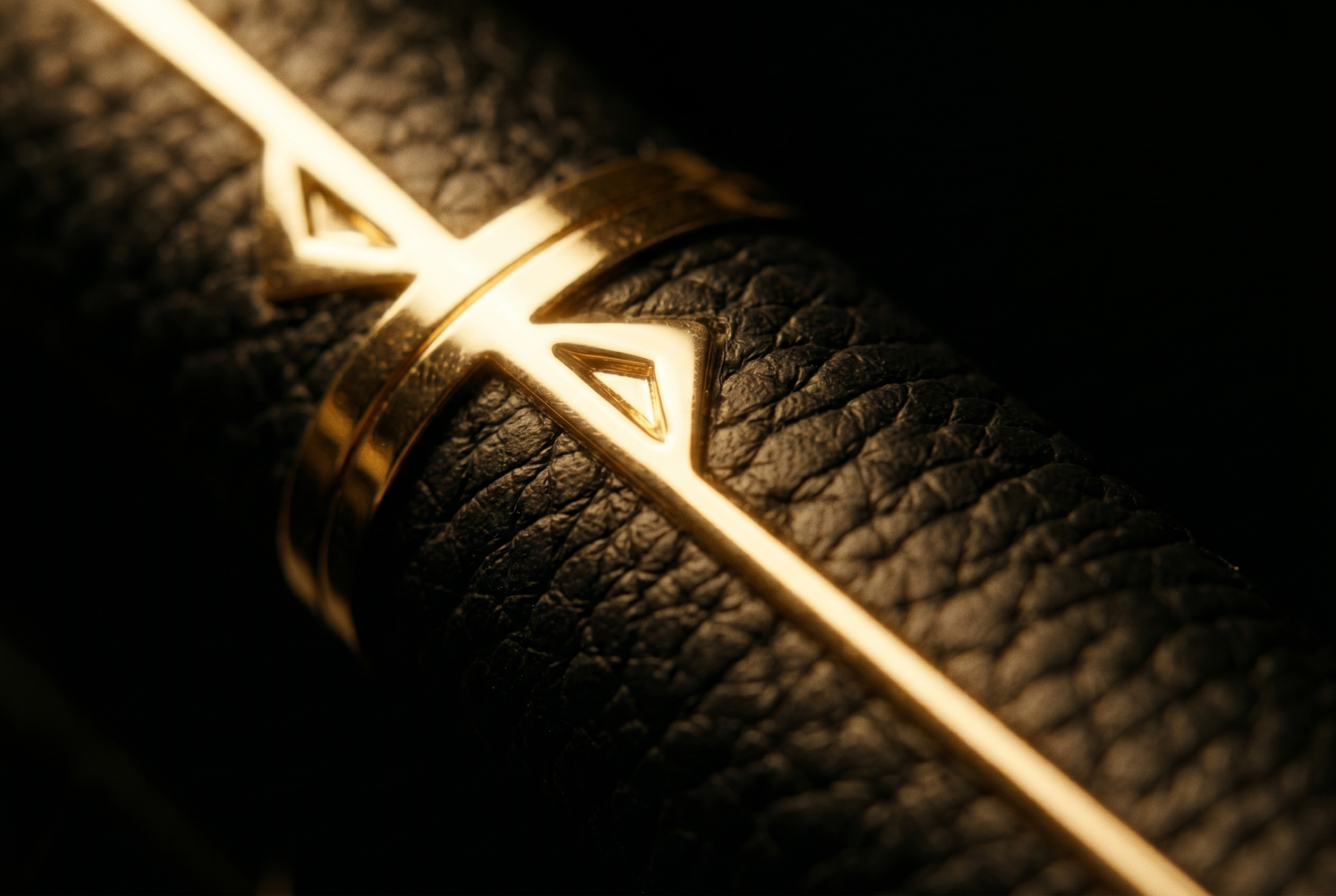Macro detail of the black leather and gold of the CADANUM atomizer
